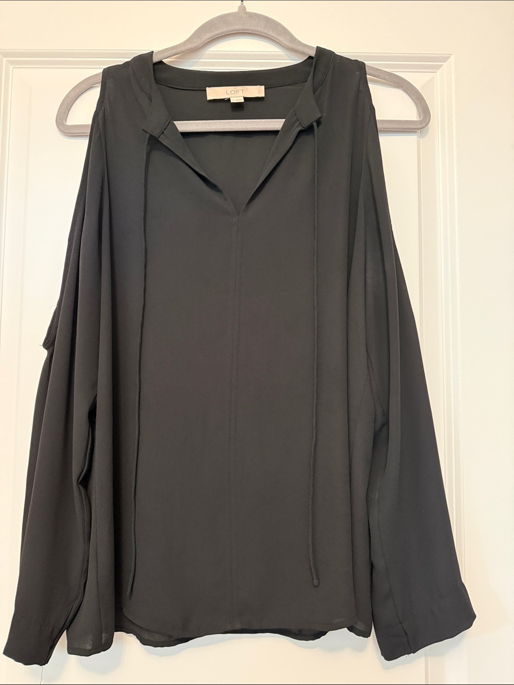 LOFT Black Long-Sleeve V-Neck Tie Blouse cold shoulder